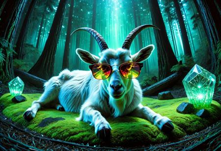 lazypos, A flawless hexagonal prism floats in a misty forest, refracting moonlight into chromatic spears. Inside, a hyper-detailed billy goat lounges mid-air wearing mirrored sunglasses that fractalize the distorted pines behind the glass. His obsidian horns gleam with micro-scratches, wool fibers phasing between solid and colored smoke. Outside, warped bioluminescent pines pulse foxfire green, their glow delayed by the prism's rotation. Swirling neon bands, toxic magentas, electric cyans, crawl the goat's body like living tattoos syncing with the forest's rhythm. When light hits right, fleeting visions flash within: crystal mountains or floating monolith cities. Rendered with 12K precision (visible dust motes inside prism, authentic glass imperfections), ray-traced caustics lick the moss below. The goat's sunglasses briefly reflect an inverted version of the scene, suggesting this prism is one of many in an infinite chain.