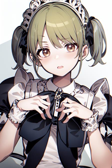 <lora:nanakusa nichika:1>, nanakusa nichika, maid headdress, maid, twintails, wrist cuffs, apron, short sleeves, puffy sleeves, maid apron, puffy short sleeves, bow, dress, ribbon, bowtie, black bow, short hair, frills, short twintails,