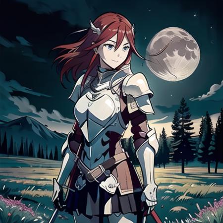 masterpiece,best_quality,hires,high_resolution,<lora:cordeliaBetaV4-000030:0.6>, (cordelia_fe, red_hair, white hair_ornament,slim_body,1girl),(armor:1.6), (open meadow), masterpiece, best quality, 1girl,1boy, (colorful),(finely detailed beautiful eyes and detailed face),cinematic lighting,bust shot,extremely detailed CG unity 8k wallpaper,solo,smile,intricate skirt,(Flowery meadow) sky, cloudy_sky, building, moonlight, moon, night, (dark theme:1.3), light, fantasy