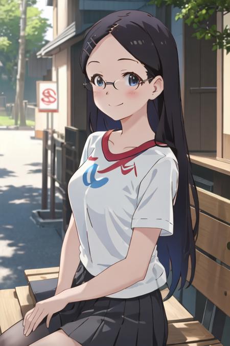 best quality, masterpiece, highres, solo, {saito_kaede_encouragementofclimb:1.15}, black_hair, glasses, blush, long_hair, hairclip, hair_ornament, blue_eyes, smile, 1girl, shirt, t-shirt, looking_at_viewer, outdoors, tree