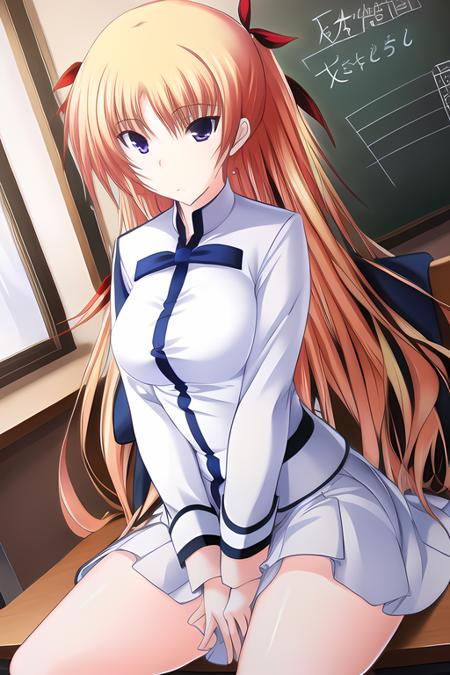 majikoi, christiane friedrich, 1girl, best quality, masterpiece, red hair ribbons, blond hair, hands between legs, school, sitting on desk, <lora:Christiane_Friedrich-15:0.7>,  <lora:MajikoiStyle:0.6>