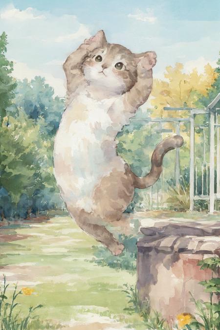 (illustration:1.1),(best quality),(masterpiece:1.1),(extremely detailed CG unity 8k wallpaper:1.1), (colorful),clear sharp focus,(cat),jumping,garden,looking at viewer, animal,colorwater,(no humans),