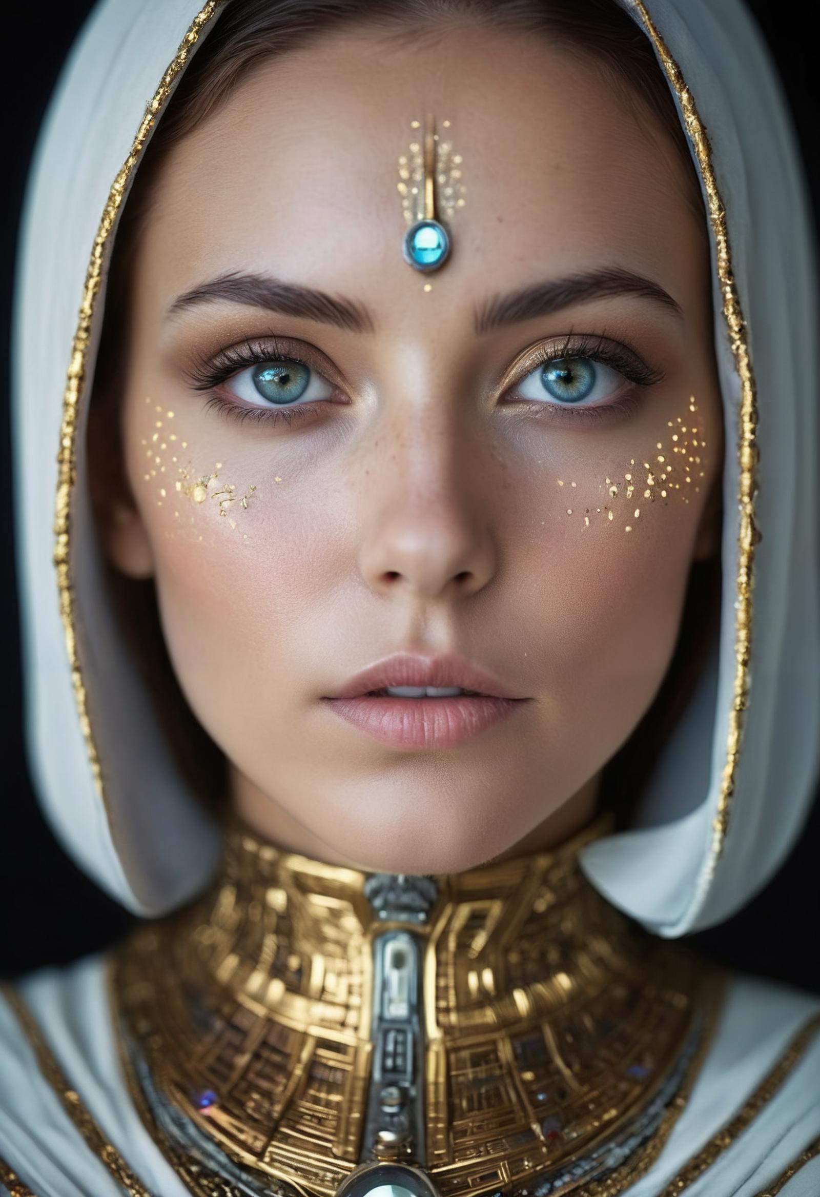 A woman with blue eyes and golden makeup on her face.