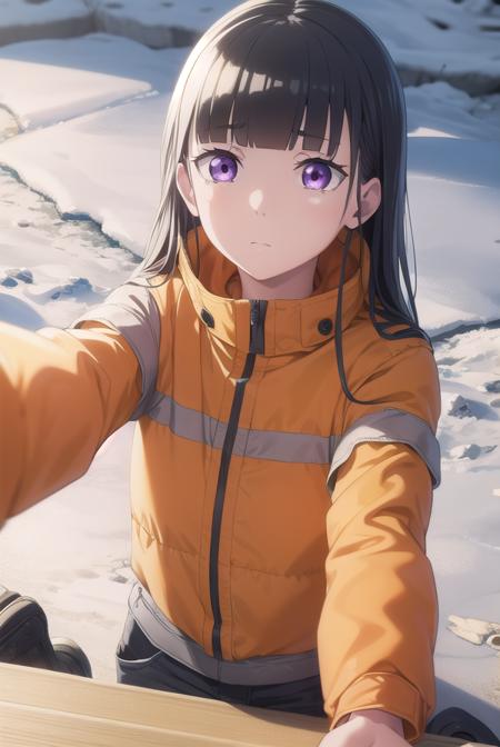 shirase kobuchizawa, long hair, black hair, red eyes, purple eyes, shirt, white shirt, collared shirt, neckerchief, red neckerchief, skirt, black skirt, jacket, helmet, orange jacket, orange helmet,