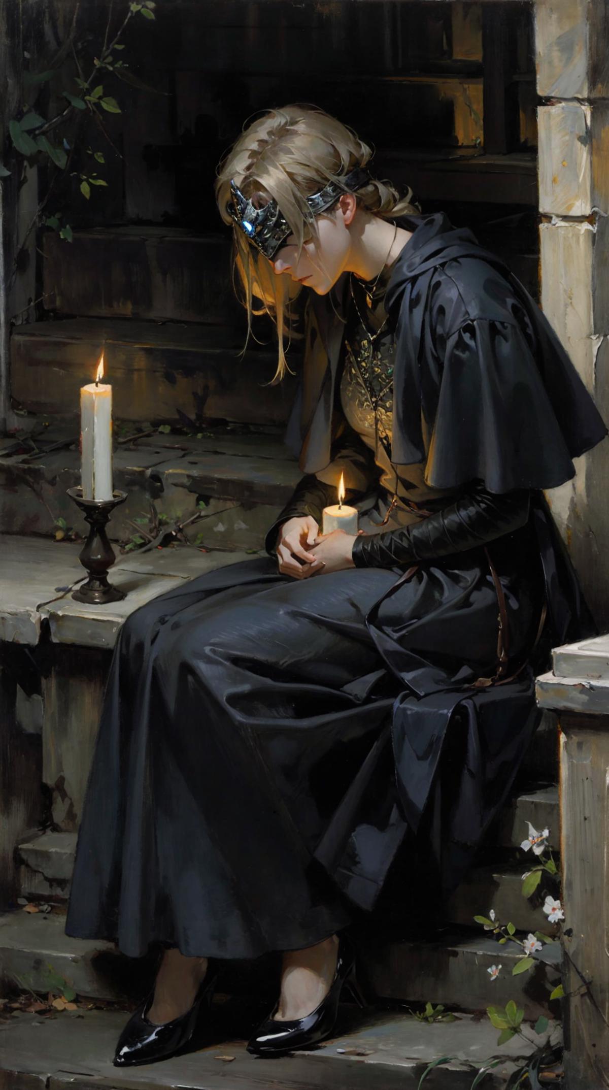 A woman in a black dress sitting on a bench holding a candle.