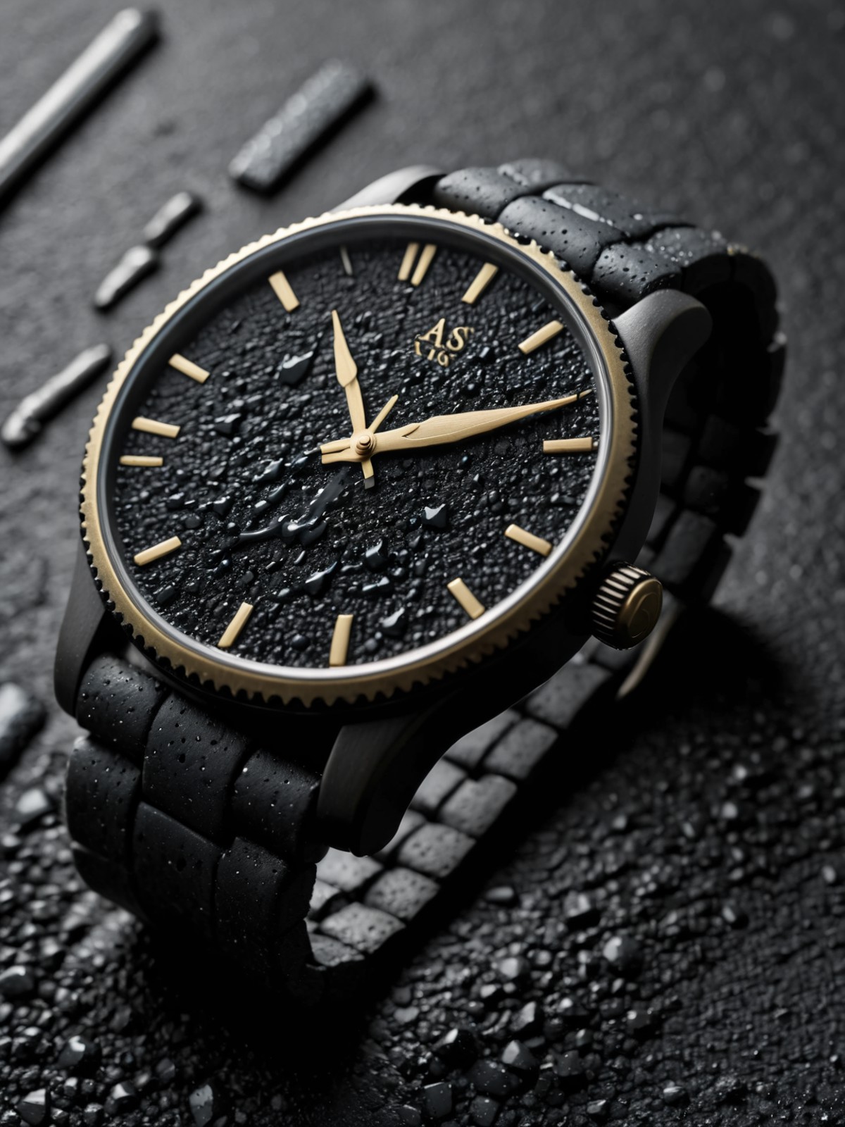 <lora:Fresh_Tarmac_SXDL:1> a wristwatch made of black ais-tarmac