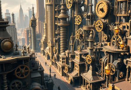 springpunk cityscape, intricate and exposed gears, visible coiled springs powering every structure, brass and copper tones, massive wind-up mechanisms driving city movement, clockwork devices visible in all aspects of the architecture, large winding keys embedded in buildings, complex pulley systems connecting structures, delicate springs in constant motion, cranks and levers powering transportation, spiraling springs stretching between towering structures, rhythmic ticking and clanging of metal, polished brass gears turning harmoniously, spring-loaded elevators and vehicles, shining metallic surfaces reflecting light, visible winding mechanisms, photorealism, high resolution, ((masterpiece)), interconnected gear networks controlling the city’s operation, massive pistons pushing the city forward, winding staircases made of springs, tightly coiled springs pulsing with energy, mechanical birds flying on spring-driven wings, glowing brass lanterns lit by clockwork power, harmonic movement of all mechanical elements, intricate coil patterns embedded in streets and structures