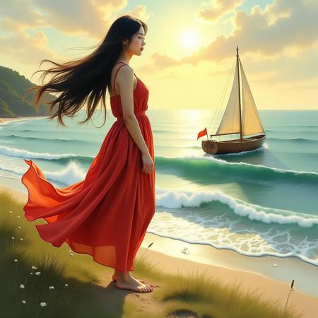 a beautiful full-figured Korean woman standing barefoot on a grassy hill overlooking the ocean, wearing a red silky leather dress that shimmers in sunlight, soft wind blowing through her long black hair, a small wooden sailboat resting on the shore below, waves gently crashing, warm golden afternoon sky, oil painting, highly detailed brushwork, serene expression, coastal landscape, cinematic composition, sunlight reflections on water and fabric, traditional fine art style, vibrant yet realistic colours, beautiful woman, chubby girl, Korean girl, red silk dress, windy dress, barefoot, ocean view, beach hill, traditional sailboat, crashing wave, golden sky, oil painting, classical style, realistic art, shoreline, fine art, boat on beach, serene mood, high detail, vibrant realism, glowing highlights, scenic coast, soft pastel watercolor style, gentle strokes, dreamy texture, subtle gradient sky, delicate shading, poetic atmosphere, washed tones
watercolor, pastel palette, soft light, dreamy, delicate, subtle brush, painterly
