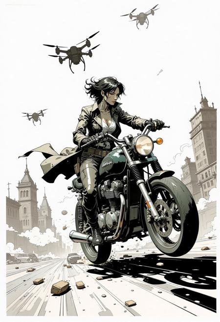 IllusFactor1. A black and white, stylized illustration of a female character in a dynamic action, sitting on a motorcycle, fleeing from policedrones. the character, a damaged female android with metallic skin and short, spikey black hair, is positioned on the motorcycle, leaning forward to minimize the air preassure of her highspeed chase. she is wearing a long-sleeved shirt, black pants, black boots and a western style trenchcoat that is flying in the wind of the velocity, the motorcycle is drifting in an impossible curve, defying laws of physic, the background is a stylized cybercity fading to plain white at the outer boarders of the image. the character is positioned at a slight angle to the left, giving a sense of movement and intensity to the image. the overall style is reminiscent of comic book art, with bold lines and a minimalist design. The overall topic is a comicsstyle crossover between western and cyberpunk