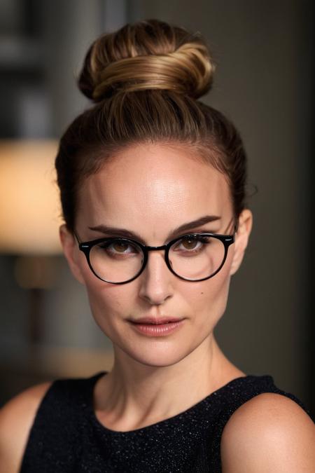 natalie portman a young but tired mom with round glasses and a messy top-knot hair bun. The focus is sharp on her tired yet resilient desirable eyes, framed by charming glasses, with a soft bokeh background that creates a shallow depth of field. Her disheveled top-knot hair bun adds to the candid charm of the portrait. The image has a analogous colors tone with a natural light setting captured with canon eos r mirrorless camera by jodie bieber. <lora:nataliePortman:1> . 35mm photograph, film, bokeh, professional, shot by annie leibovitz, 4k, highly detailed