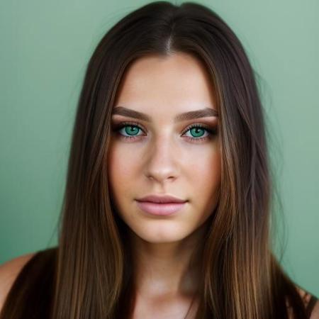 best quality, beautiful, 22 year old woman, brunette straight  hair, (full face portrait:1.2), face portrait, detailed face, very dark green eyes , hyper realistic, (facing camera), (looking into the camera), studio portrait, natural lightning, perfect shadows, (white background:1.1)