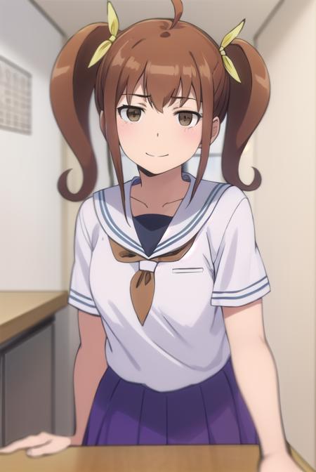 kanaokurusu, <lora:kanao kurusu s2-lora-nochekaiser:1>,
kanao kurusu, brown hair, ribbon, twintails, (brown eyes:1.5), hair ribbon, ahoge, smile, grin,
BREAK skirt, school uniform, serafuku, shirt, white shirt, grey sailor collar, grey skirt, pleated skirt, neckerchief, pink neckerchief,
BREAK indoors, classroom,
BREAK looking at viewer, (cowboy shot:1.5),
BREAK <lyco:GoodHands-beta2:1>, (masterpiece:1.2), best quality, high resolution, unity 8k wallpaper, (illustration:0.8), (beautiful detailed eyes:1.6), extremely detailed face, perfect lighting, extremely detailed CG, (perfect hands, perfect anatomy),