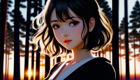 (Gorgeous manga:1.3) of (Ultra detailed manga:1.3), 8k, masterpiece, ((ultra detailed:1.1)),masterpiece, best quality, ultra high res, beautiful, visually stunning, elegant, incredible details,   world, 1girl, (black background:1.2), simple background, dynamic pose, sunset, forest, trees, scenery, close up to face