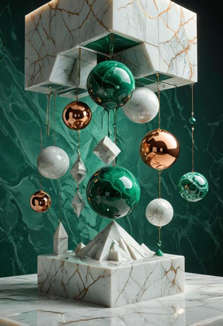 Avant-Garde Marble Ensemble:
An abstract installation of interlocking geometric blocks—cubes, spheres, and pyramids—suspended in mid-air, each morphing between solid and molten states. Textures shift from polished white marble to dripping liquified streaks of emerald and copper. Studio lighting, crisp focus, negative space composition, hyper-detailed, 4K.
