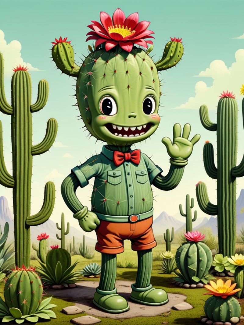 (old cartoon style illustration:1.1)  of 
humanoid carnivorous cactus with a flower on its head dressed by mossy and filig...