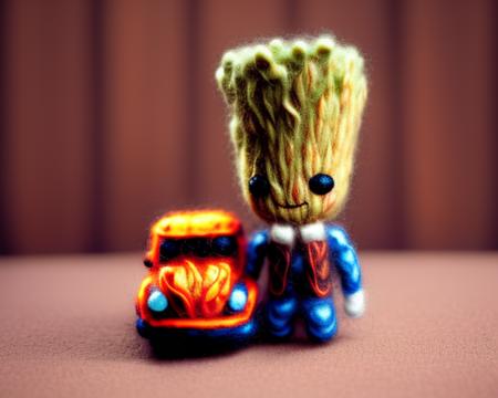 miniwool style of Groot in a car, made of wool, product photo, centered, cute, mini