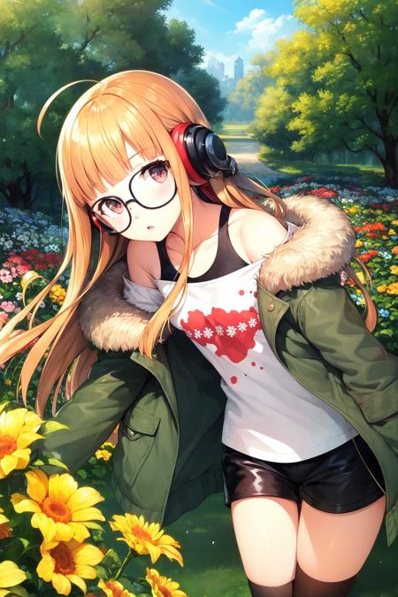 masterpiece, best quality, highres,
<lora:futaba-sakura-v2-07:0.9>, 1girl, futabasakura, blunt bangs, glasses, black-framed eyewear, ahoge, small breasts,
glasses,  headphones, behind-the-head headphones, white shirt, jacket, off shoulder, fur trim, fur-trimmed jacket,  green jacket, shorts, thighhighs, boots,
 cowboy shot, garden, flowers, trees, golden hour,