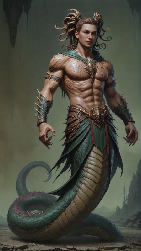 score_9, score_8_up, score_7_up, score_6_up, <lora:NagaPDXL:1>naga, full body, man, Dragon hunter ash brown twin drills in location: haunted house, detailed background environment, daytime