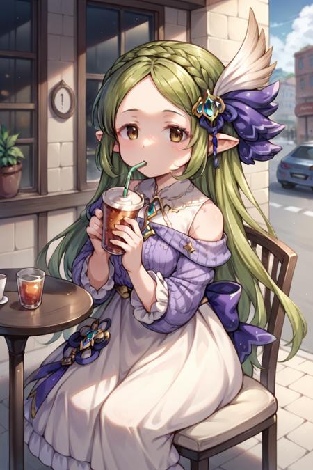 robertina, brown eyes, green hair, crown braid, hair ornament, pointy ears, dress,