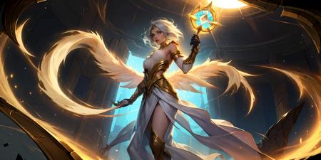 HEZI,LOL,\(lol style\),game cg,1girl,blue eyes,wings,holding,lux (league of legends),staff,weapon,breasts,bare shoulders,medium breasts,armlet,looking at viewer,dress,armor,white hair,long hair,backlighting,solo focus,<lora:çå­ç³»åââLOLç¾å®£æ°å´è´¨æ(æçç):0.65>,