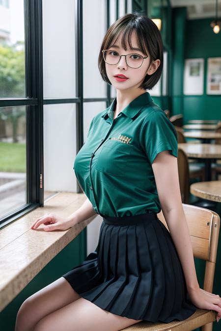 tfgv1, green shirt, black pleated skirt, uniform, clothes writing,