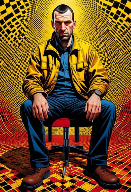 Incredibly Detailed Accurate Portrait Of A hyperrealistic op art illustration featuring a seated figure (niko Bellic)  in a black and yellow striped background, surrounded by red and white geometric shapes and intricate details in a comic book art style with bold lines and high contrast colors, Op art figure, seated, checkered pattern, black, yellow ,red and white, optical illusion, distorted perspective, intricate details, high contrast, sharp focus, ink pen illustration intricate details, HDR, beautifully shot, hyperrealistic, sharp focus, 64 megapixels, perfect composition, high contrast, cinematic, atmospheric, moody Mark Brooks and Dan Mumford, comic book art, perfect, smooth, highly detailed, defined, refined, follow negative prompts