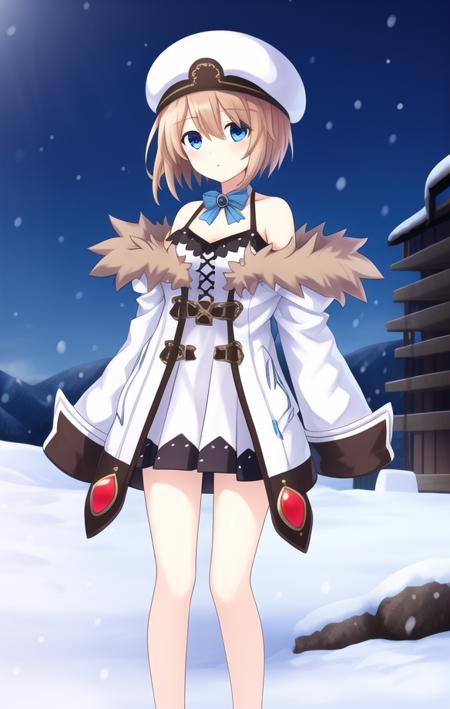 Masterpiece, Best quality, 4k resolution, beautiful eyes, 1girl, Outside, snowy, winter, Blanc, full body, solo, hat, fur trim, blue eyes, brown hair, short hair, dress, coat, white dress, bare shoulders, off shoulder, wide sleeves, long sleeves, tachi-e, short dress, bare legs, fur-trimmed coat