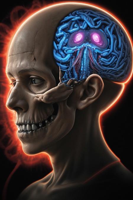 A man drowning inside his own mind. FRONT VIEW. Subliminal messaging, Horror, neon-colored brain scan aesthetic on black background. the figure of a skull is seen inside the brain scan. Psychedelic brain scan. Horror, Vibrant, glowing neural pathways Abstract, futuristic aesthetic. Style mimics bioluminescence art. Sharp contrast between vivid colors and deep black background. realistic rendering of brain lobe. Conveys sense of brain death, cognitive decline, and mental degradation. Sharp jagged teeth. Horror theme.