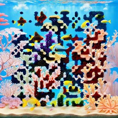 masterpiece, best quality, 4k, a large aquarium with many different types of corals and fish swimming around it, and a large amount of water,  highly detailed digital art, underwater, sand, rock
