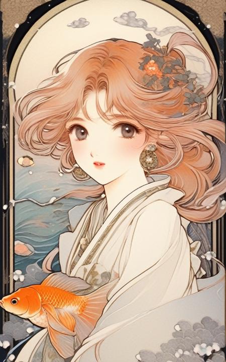 (masterpiece,best quality,ultra_detailed,highres,absurdres:1.2),Yokai, girl, Mizuki Shigeru, Japanese-style frame, goldfish, background is calligraphy, Mucha, Art Nouveau <lora:1990s-sdxl:1>