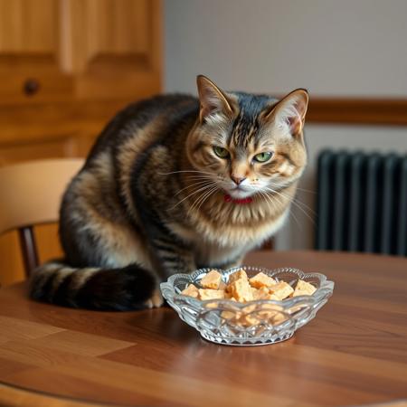 an adult manx cat sits on a round wooden table eating tuna from a crystal dish with facets that catch the light like tiny prisms