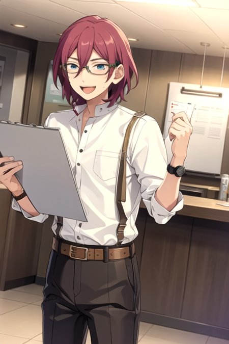 <lora:Ibara-04:0.8>, ibaraes, smile, short hair, open mouth, shirt, holding, hair between eyes, white shirt, :d, glasses, teeth, collared shirt, belt, pants, indoors, watch, belt buckle, wristwatch, brown belt, brown pants, clipboard