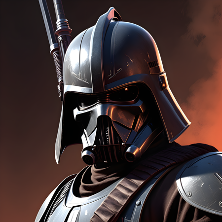 A grim Star Wars warrior with styled helmet, consumed by vengeance, grips his weapon tightly. His serious gaze and clenched jaw reveal a man driven by a relentless need for retribution, casting a shadow over his noble intentions.