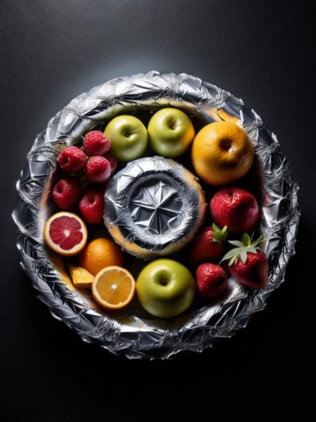 mixed fruit made of ral-alufoil, still life photography <lora:ral-alufoil-sdxl:1> ringlight, stone finish, black background