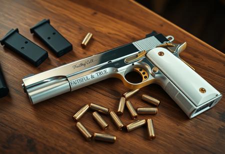 A gun is lying flat on a wooden table, it is a pure white chrome-finished Colt 1911 full-size handgun with "Faithful & True" engraved in elegant font along the slide of the pistol. The grips are beautiful pearl white, and the the gun has gold accents on all the buttons and levers. The pistol is surrounded by spare mags and several extra .45 ACP ammunition rounds littered across the table. View from above, high angle view, cinematic, weapon, indoors, signature, blurry, gun, mirror finish, chrome finish, reflections, beautiful reflections, highly detailed reflections, reflective finish, ((close-up on Gun)), no humans, depth of field, blurry background, handgun, action film style, shallow depth of field, vignette, highly detailed, high budget, bokeh, cinemascope, moody, epic, gorgeous, film grain, grainy