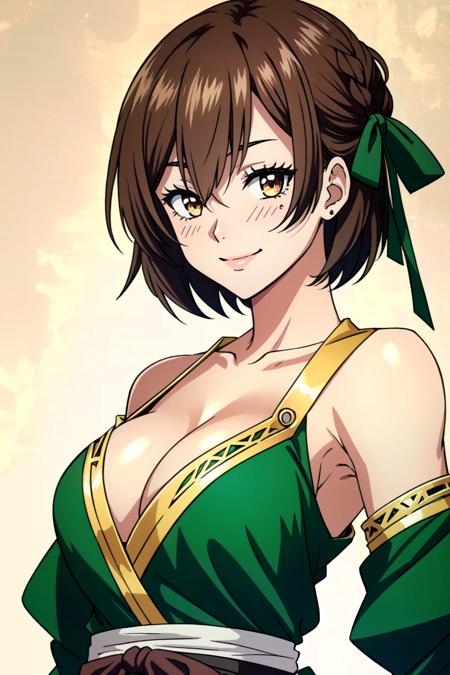 <lora:Lola Metrose:0.7> Lola Metrose, 1girl, solo, breasts, smile, brown hair, blush, cleavage, brown eyes, short hair, hair between eyes, bare shoulders, detached sleeves, green dress, hair ribbon, ribbon, bangs, upper body, closed mouth, meme, green ribbon, smirk, ((Shonen Style)), (detailed background, intricate background:1.1), beautiful ((Extremely Detailed)), ((Best Quality)), ((Masterpiece)), ((4k))