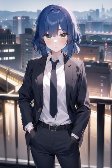 (masterpiece, best quality),1girl, solo, formal, hand in pocket, suit, black gloves, building, looking at viewer, black necktie, fingerless gloves, white shirt, city, outdoors, black jacket, belt, black pants, collared shirt, standing, long sleeves, cityscape, open jacket, cowboy shot, skyscraper, black suit, night, pant suit