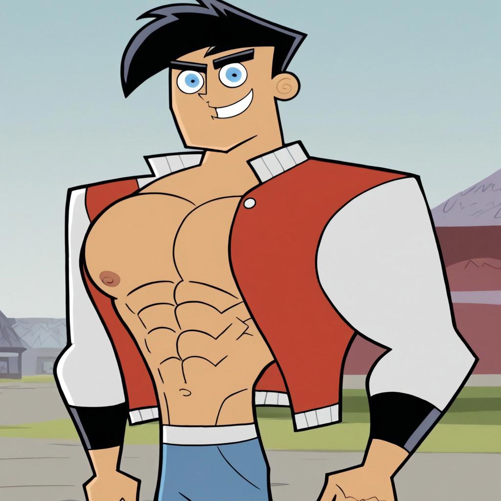 danny fenton,black hair,short hair,blue eyes,muscular, muscular male,confident smile,open red varsity jacket, white sleeves, shirtless,blue jeans