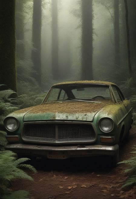 Green_Ruinji, The image is a digital illustration of a mysterious and eerie scene in a forest. The focal point of the image is an old, rusted car that is lying on its side in the middle of the frame. The car is covered in green and yellow leaves, giving it an aged and weathered appearance. The front of the car is completely covered in dirt and debris, with the hood and grille missing. The headlights are turned on, and the car appears to be in a state of disrepair. The background is filled with tall trees and ferns, creating a dense canopy of greenery. A bright light is shining through the trees, casting a warm glow on the scene. A small animal can be seen peeking out from behind the car, adding to the eerie atmosphere. The overall mood of the illustration is eerie and mysterious