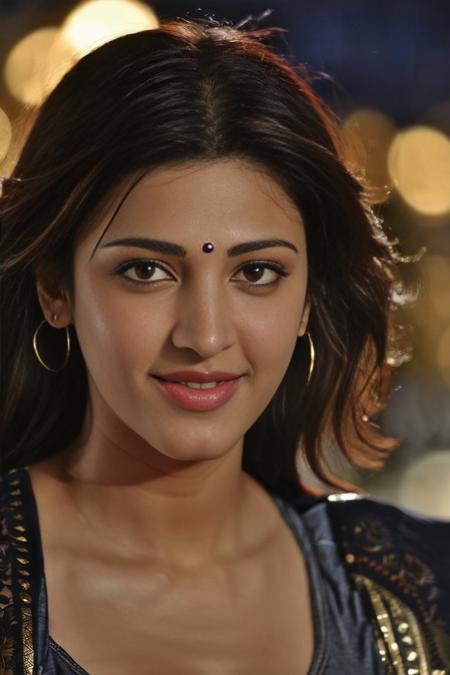 ultrarealistic close up photo of a 30-year-old  woman, Shruti Hassan, outdoors, realistic skin texture, sharp features, looking looking at camera, (kurta_with_Jeans:1.2), smiling, night time, beautiful bokeh, film grain   <lora:Shruti_Hassan_SDXL_LoRA-000003:1>