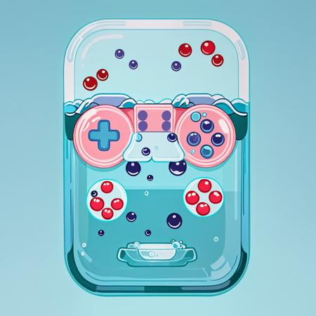 (glass game console:1.4) with water and currant, cold colors, stylized, simple background, cutestickers, (sticker:1.4), (big fat stroke:1.2), detailed, ohwx style