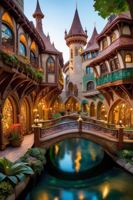 <lora:Louis Comfort Tiffany Style:1> Louis Comfort Tiffany Style, a grand capital city nestled in the heart of a magical realm inspired by Dungeons and Dragons. The city stands as a testament to both architectural splendor and mystical enchantments. The streets are bustling with life, filled with a diverse array of creatures, both human and fantastical, going about their daily routines. The buildings showcase a harmonious blend of traditional medieval design and whimsical magical enhancements. Ornate bridges span over flowing rivers and canals, connecting various districts of the city. Gardens and parks are interspersed throughout, teeming with vibrant, otherworldly flora and fauna. In the central square, a magnificent fountain serves as a gathering place, its waters sparkling with magical energies.