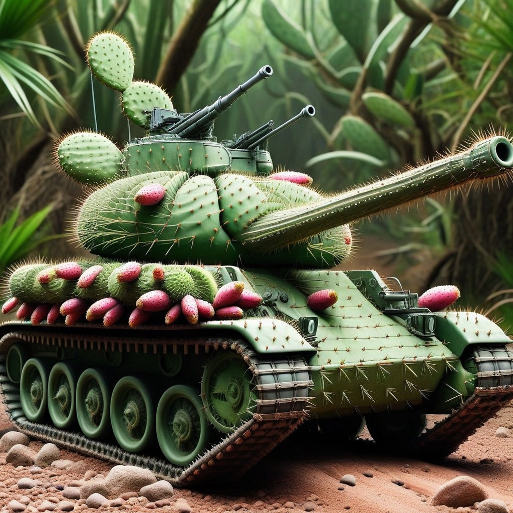 [tank]tank panzer wagon, gun barrel, driving through the jungle and desert, tech  <lora:Prickly Pear Style v1:1>, Prickly Pear Style,
