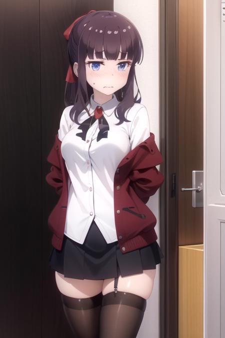 (extremely detailed CG unity 8k wallpaper), (masterpiece), (best quality), (ultra-detailed), (best illustration), (best shadow), (absurdres), 1girl, solo, <lora:hifumi:0.8>, takimoto hifumi, white shirt, red cardigan, ribbon, skirt, black thighhighs, looking at viewer, v arms, blush, embarrassed, wavy mouth