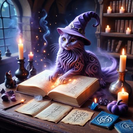 (GrubCat),  (sandswirl), (close-up shot), (cat sitting on a cluttered wizard’s desk), (wearing a slightly oversized wizard hat), (mystical artifacts scattered around), (glowing runes on parchment), (open spellbook with arcane symbols), (floating candles casting eerie light), (bubbling potion in glass flask), (faint magical aura in the air), (mystical blue and purple lighting), (dusty, ancient tomes stacked nearby), (soft shadows and warm candle glow), (smoke swirling from a tiny cauldron), (enchanted atmosphere), (whimsical, magical setting).