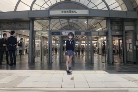 best quality, ultra-detailed, illustration,
1girl, glasses, school uniform, bag, jacket, 
multiple girls, multiple boys, crowd, 
TWRR03, scenery, tiles, tile floor, train station, door, multiple boys, sign, storefront, exterior
 <lora:kokusai_tenjijyo_eki_SD15_V1_DIM4:1>