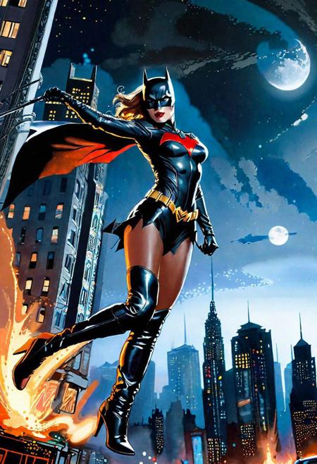 (dynamic_angle), Batwoman swinging between buildings, burning midnight costume, high boots, clothes like midnight full of stars, Night light, sharp shadows, moon lit, looking out over city, City landscape, dystopian city, crowds of people, standing high above stret, illustration,