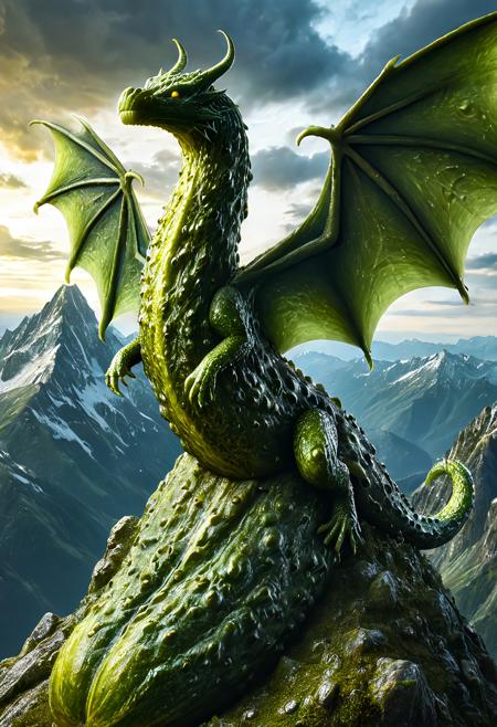 , dvr-pckl, mighty fantasy dragon with glistening pickle-scale skin, wrinkled bumpy textures, deep green hues with golden highlights, glowing eyes, majestic pose on mountain top, atmospheric lighting, ultra texture realism, dramatic sky, fantasy illustration in 8k