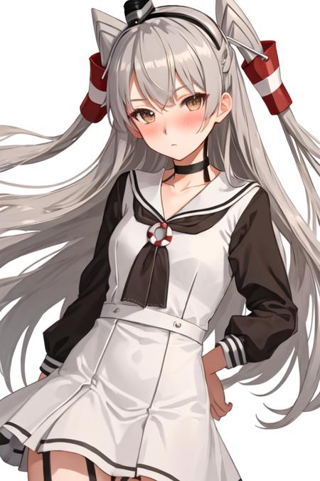 amatsukaze_kantaicollection long_hair, two_side_up, hair_tubes, brown_eyes, grey_hair, blush, white_hair