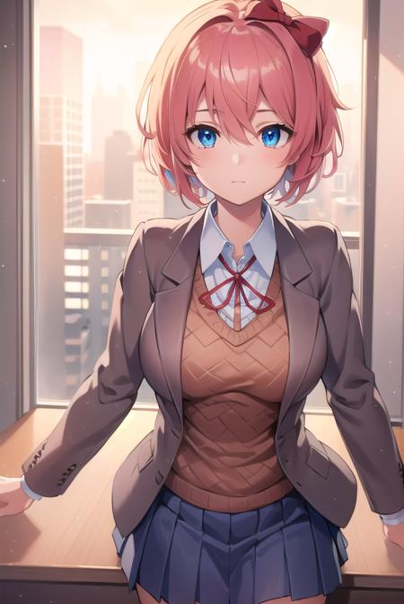 ddlcsayori, <lora:ddlcsayoritest:1>,
ddlcsayori, blue eyes, hair between eyes, hair bow, hair ornament, pink hair, red bow, short hair,
BREAK blue skirt, pleated skirt, school uniform, skirt, brown jacket, jacket,
BREAK looking at viewer,
BREAK indoors, classroom,
BREAK <lora:GoodHands-vanilla:1>, (masterpiece:1.2), best quality, high resolution, unity 8k wallpaper, (illustration:0.8), (beautiful detailed eyes:1.6), extremely detailed face, perfect lighting, extremely detailed CG, (perfect hands, perfect anatomy),